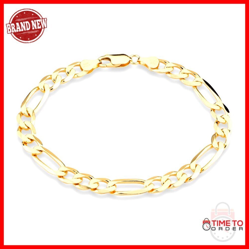 Men's 7mm 18K Gold Plated Sterling Silver Figaro Chain Bracelet 8.5"